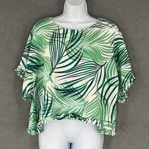 FOR CYNTHIA Tropical Leaf Print Ruffle Linen Top Sz XL Lagenlook Beach‎ Coastal